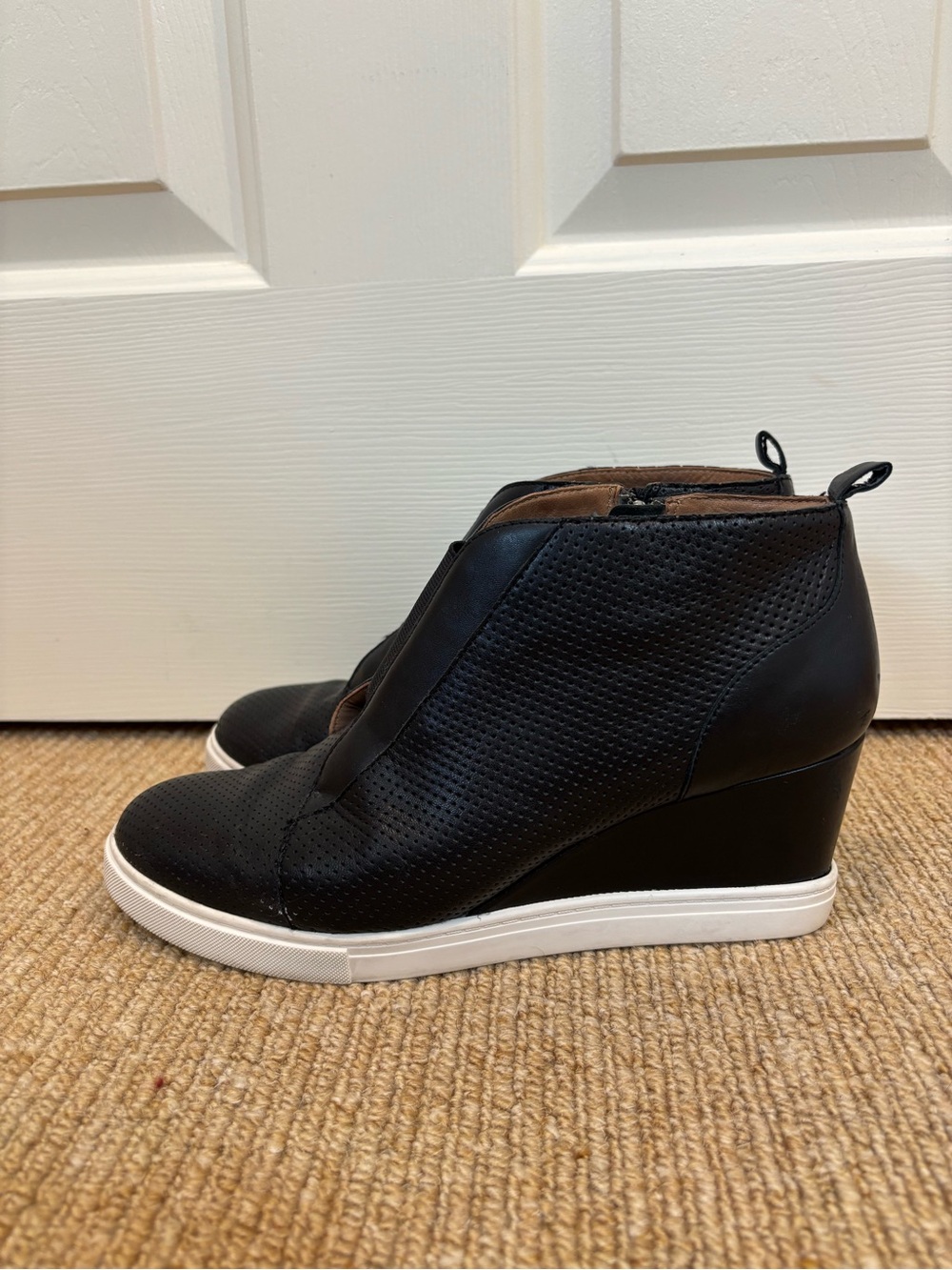 Linea Paolo Black Perforated Wedge Sneaker with White Sole